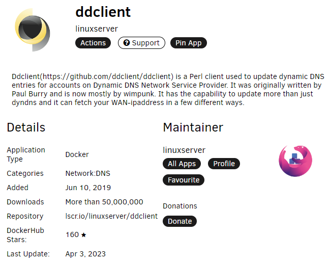 Screenshot of the ddclient template page on the unraid app store