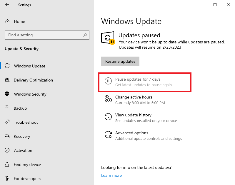 pausing windows updates on windows 10