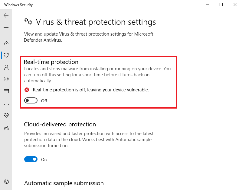 real time protection toggle setting in windows 10