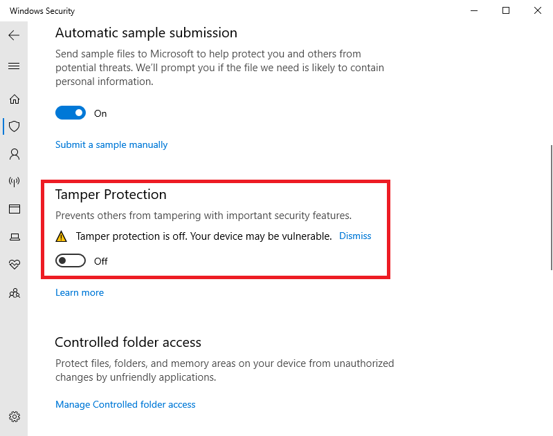 windows tamper protection toggle setting in windows 10